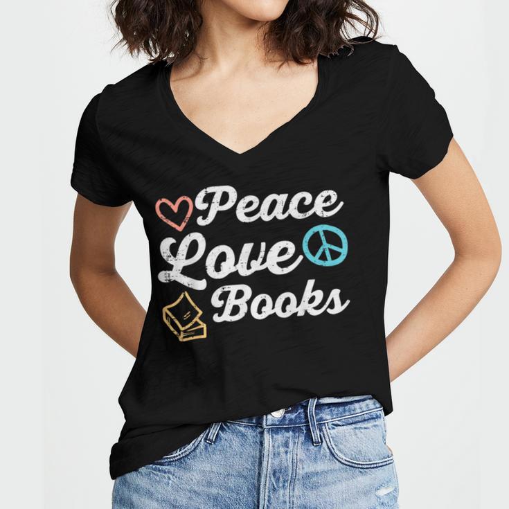 Peace Love Books Read Book Reading Librarian Across America Women's Jersey Short Sleeve Deep V-Neck Tshirt