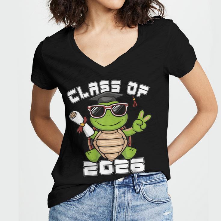 Peace Sign Hand Turtle Class Of 2026 Graduation Women's Jersey Short Sleeve Deep V-Neck Tshirt