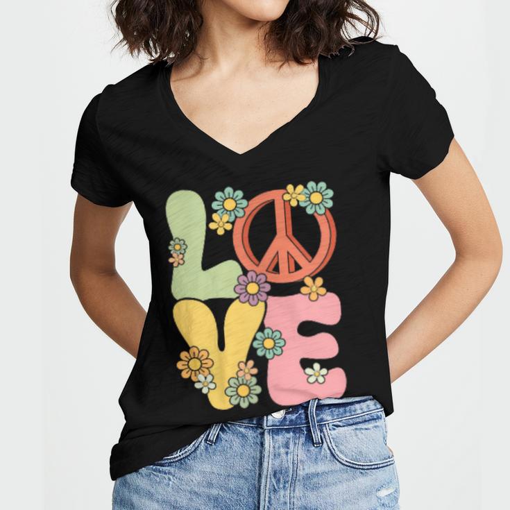 Peace Sign Love Groovy Vibes Costume Nostalgia 1980s Fashion Women's Jersey Short Sleeve Deep V-Neck Tshirt