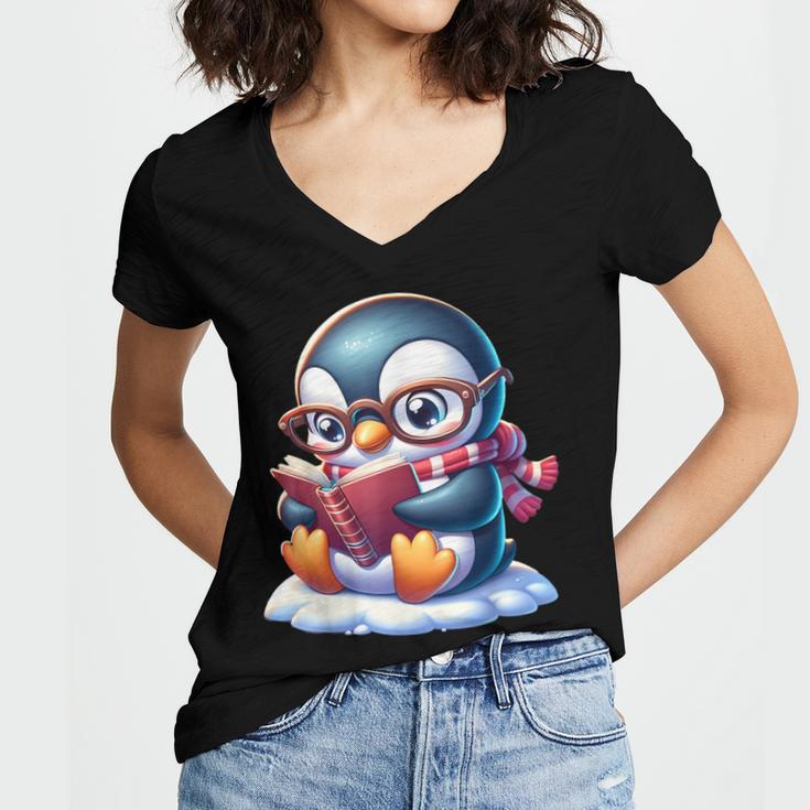 Penguin Reading a Book Animal Women's Jersey Short Sleeve Deep V-Neck Tshirt