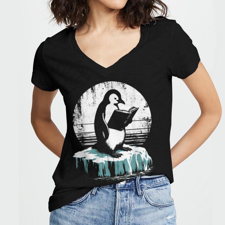 Penguin Reading A Book Vintage Graphic Bookworm Lover Women's Jersey Short Sleeve Deep V-Neck Tshirt