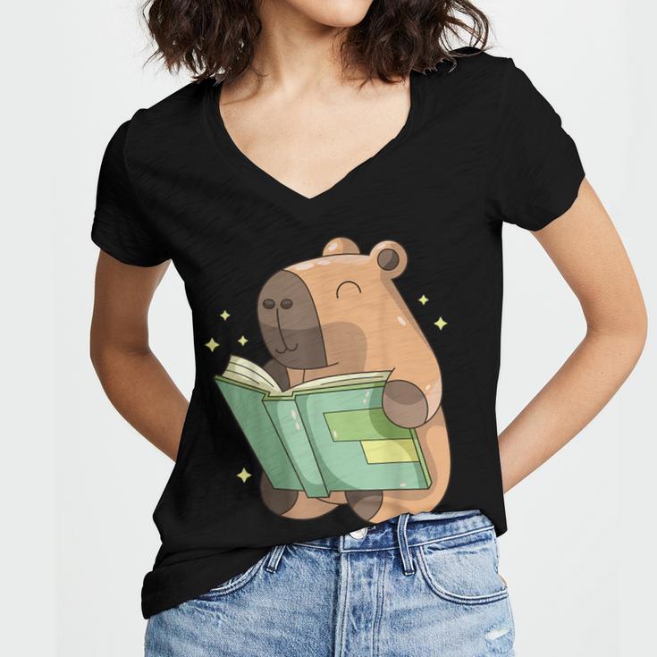 Pet Capybara Is Reading Library Capy Word Book Day Teacher Men Women Kids Women's Jersey Short Sleeve Deep V-Neck Tshirt Pet Capybara Is Reading Library Capy Word Book Day Teacher Men Women Kids Women's Jersey Short Sleeve Deep V-Neck Tshirt