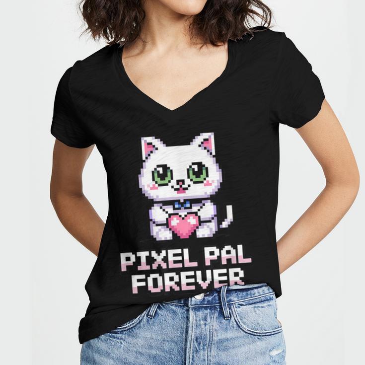 Pixel Art Pet Cat Y2K Retro Vintage Digital Nostalgia Tech Women's Jersey Short Sleeve Deep V-Neck Tshirt