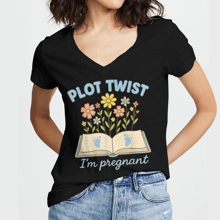 Plot Twist I'm Pregnant Literary Pregnancy Announcement Book Women's Jersey Short Sleeve Deep V-Neck Tshirt