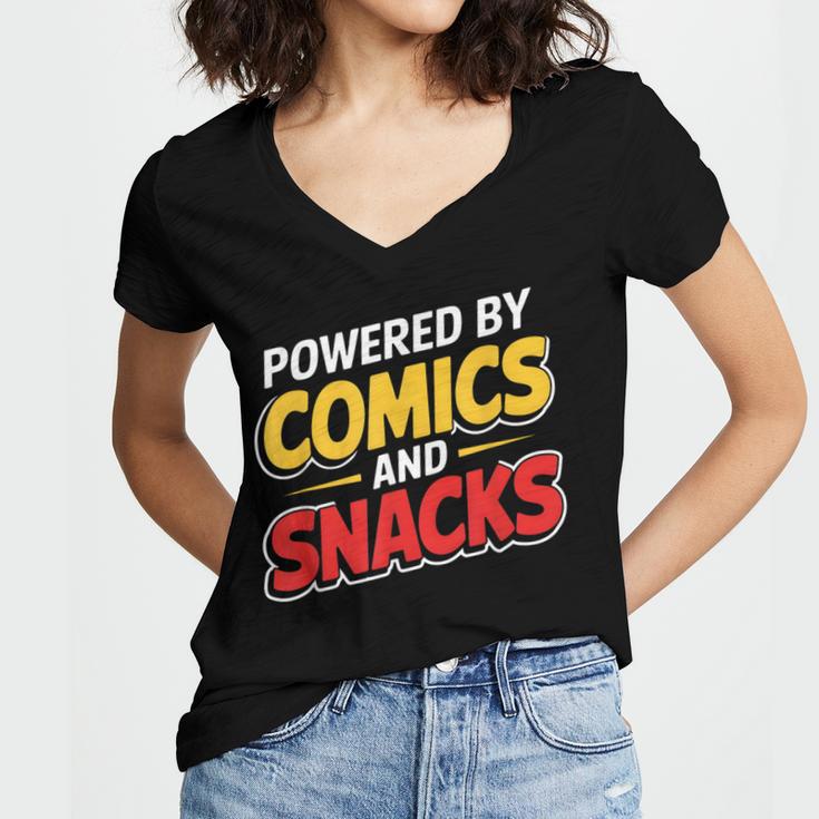Powered By Comics And Snacks Comic Book Lover Women's Jersey Short Sleeve Deep V-Neck Tshirt