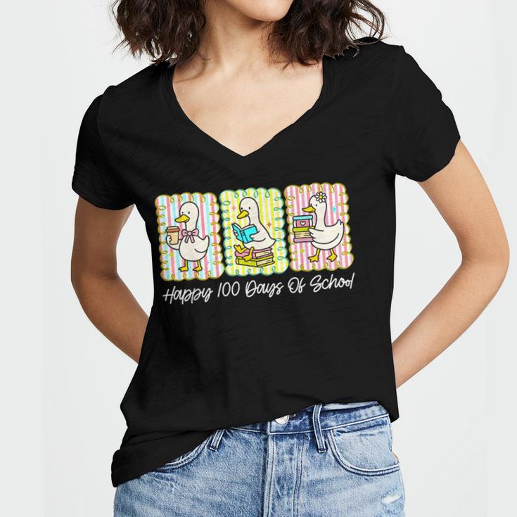 Preppy 100 Days Of School Goose Coffee Books Teacher Life Women's Jersey Short Sleeve Deep V-Neck Tshirt Preppy 100 Days Of School Goose Coffee Books Teacher Life Women's Jersey Short Sleeve Deep V-Neck Tshirt