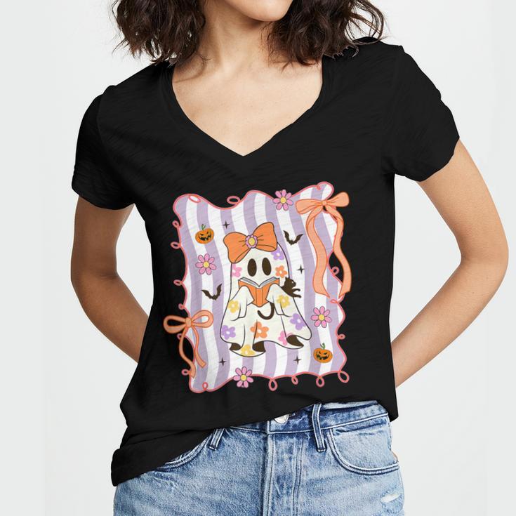 Preppy Coquette Bow Ghost Reading Books Halloween Book Women's Jersey Short Sleeve Deep V-Neck Tshirt