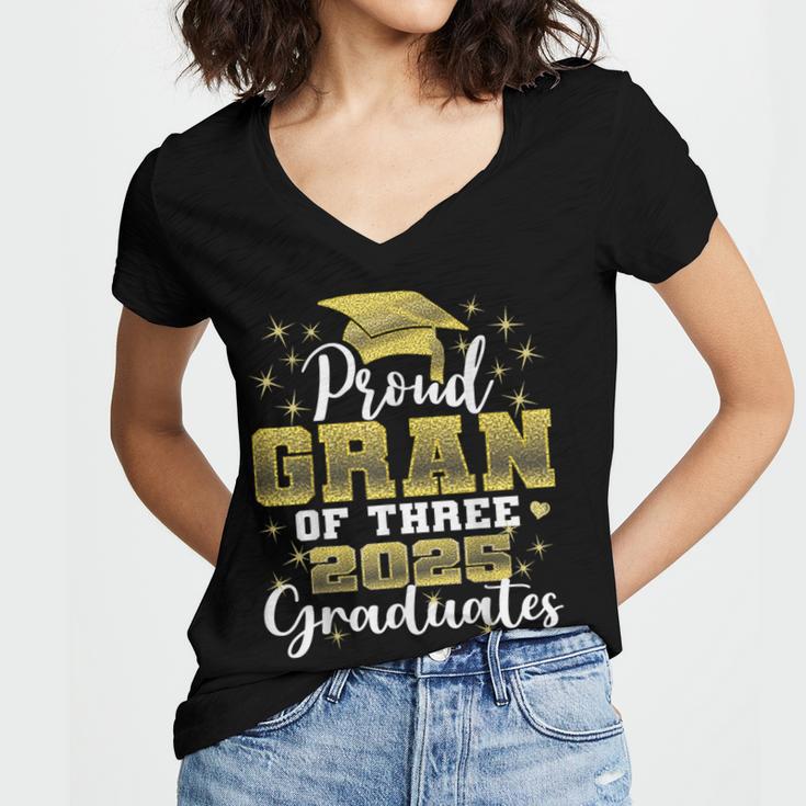 Proud Gran Of Three 2025 Graduates Graduation Family Women's Jersey Short Sleeve Deep V-Neck Tshirt