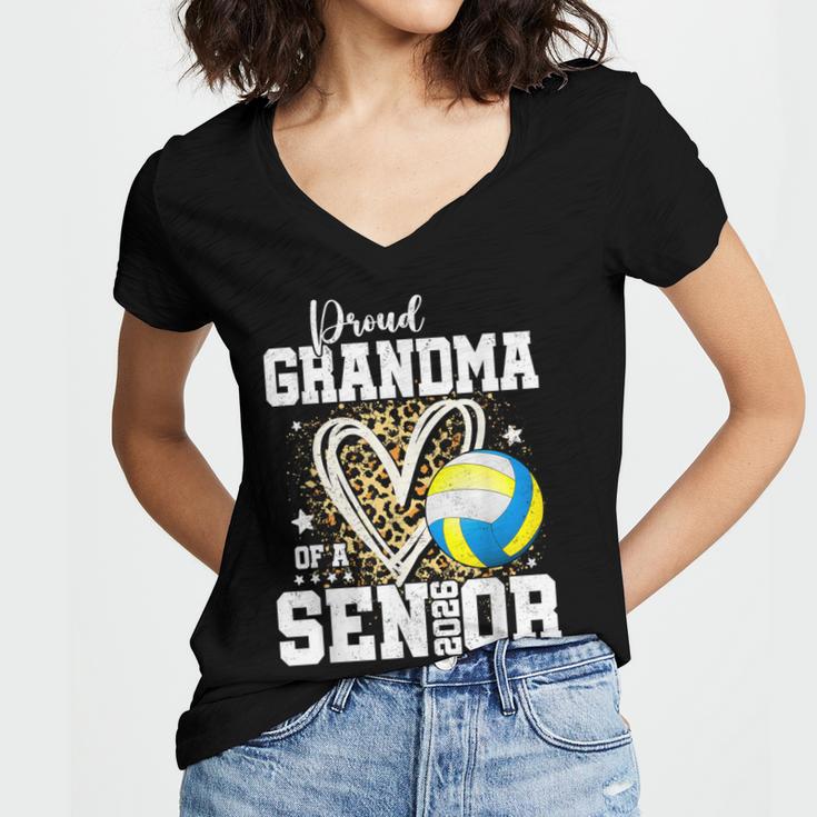 Proud Grandma Of A 2026 Senior Volleyball Graduation Leopard Women's Jersey Short Sleeve Deep V-Neck Tshirt
