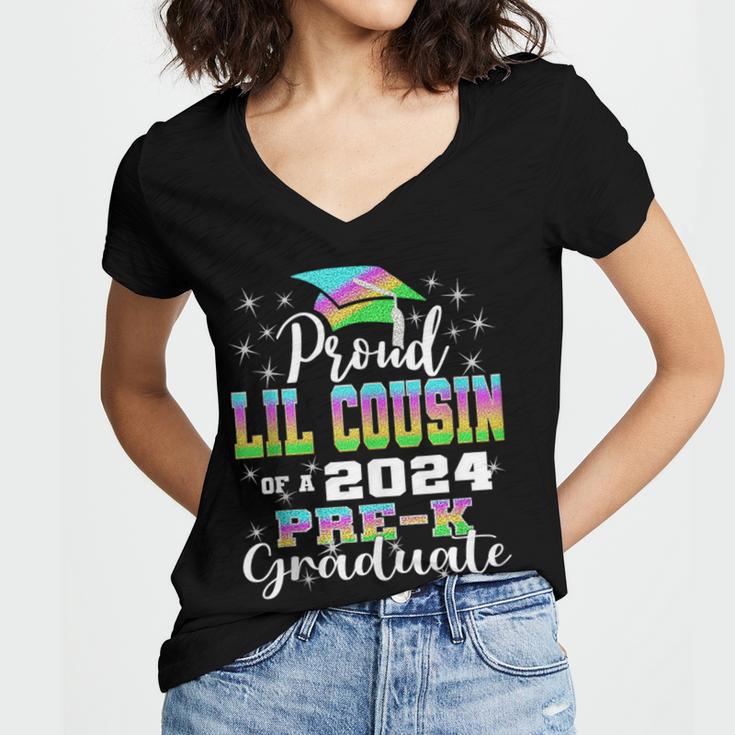 Proud Little Cousin Of PreK School Graduate 2024 Graduation Women's Jersey Short Sleeve Deep V-Neck Tshirt