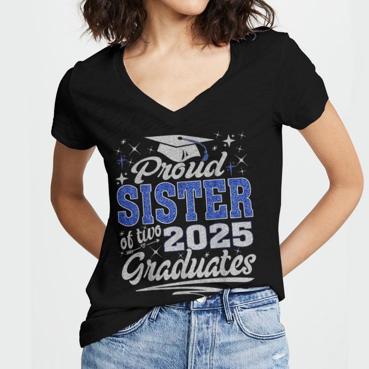 Proud Sister Of Two Class Of 2025 Graduates Twins Graduation Women's Jersey Short Sleeve Deep V-Neck Tshirt