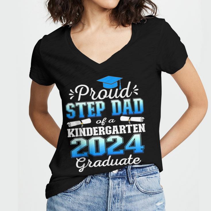 Proud Step Dad Of Kindergarten Graduate 2024 Graduation Step Women's Jersey Short Sleeve Deep V-Neck Tshirt