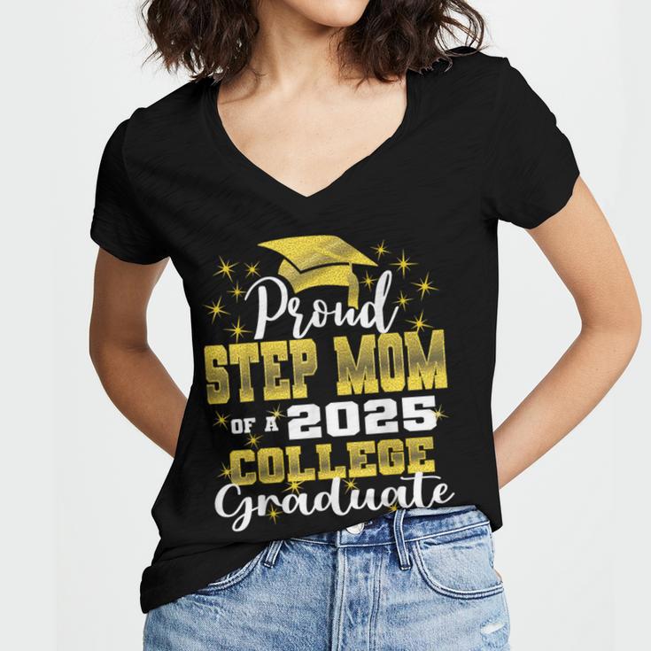 Proud Step Mom Of 2025 College Graduate Family 24 Graduation Women's Jersey Short Sleeve Deep V-Neck Tshirt