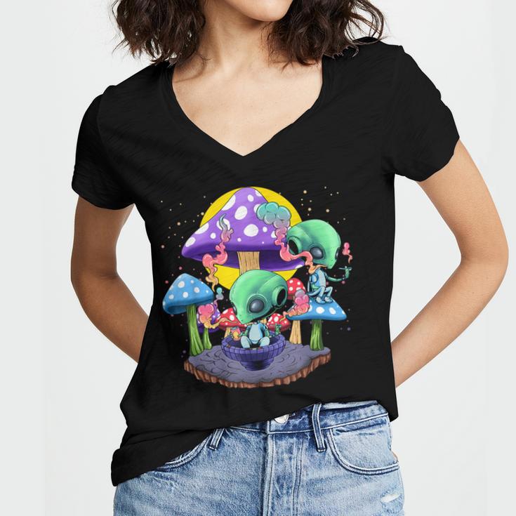 Psychedelic Alien Mushroom Nostalgia Groovy Vibe Hippie Women's Jersey Short Sleeve Deep V-Neck Tshirt Psychedelic Alien Mushroom Nostalgia Groovy Vibe Hippie Women's Jersey Short Sleeve Deep V-Neck Tshirt