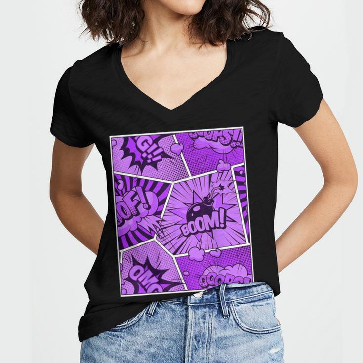 Purple Comic Book Purple Color Graphic Women's Jersey Short Sleeve Deep V-Neck Tshirt