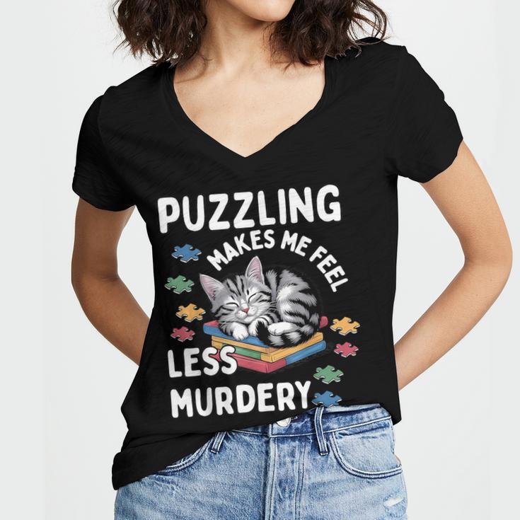 Puzzling Makes Me Feel Less Murdery Introvert Puzzle Cat Women's Jersey Short Sleeve Deep V-Neck Tshirt Puzzling Makes Me Feel Less Murdery Introvert Puzzle Cat Women's Jersey Short Sleeve Deep V-Neck Tshirt