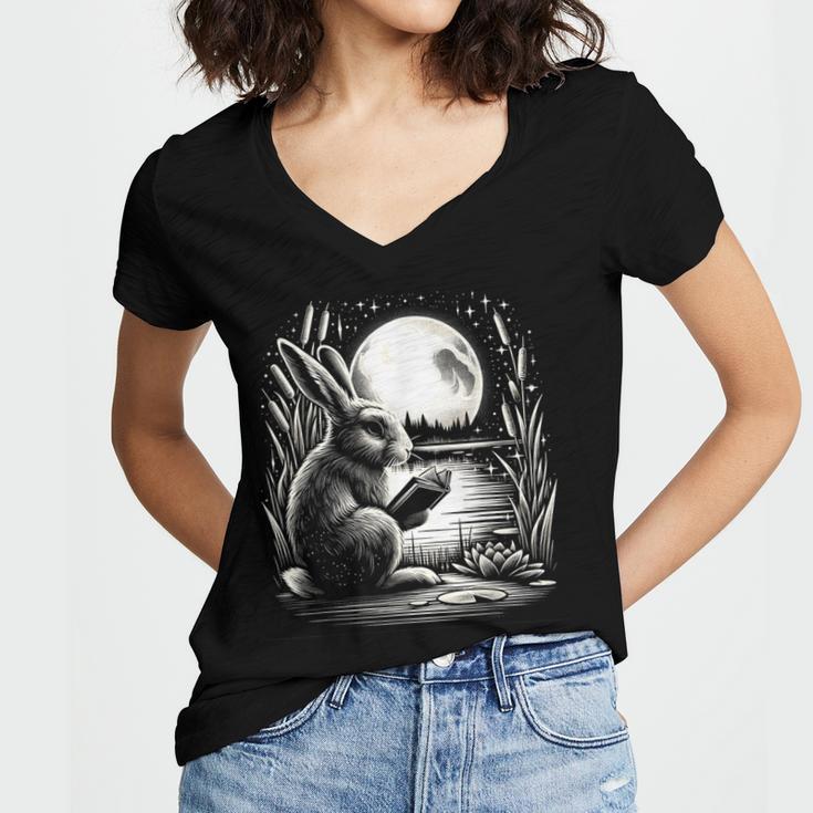 Rabbit Reading Book Full Moon Lake Scenery Women's Jersey Short Sleeve Deep V-Neck Tshirt