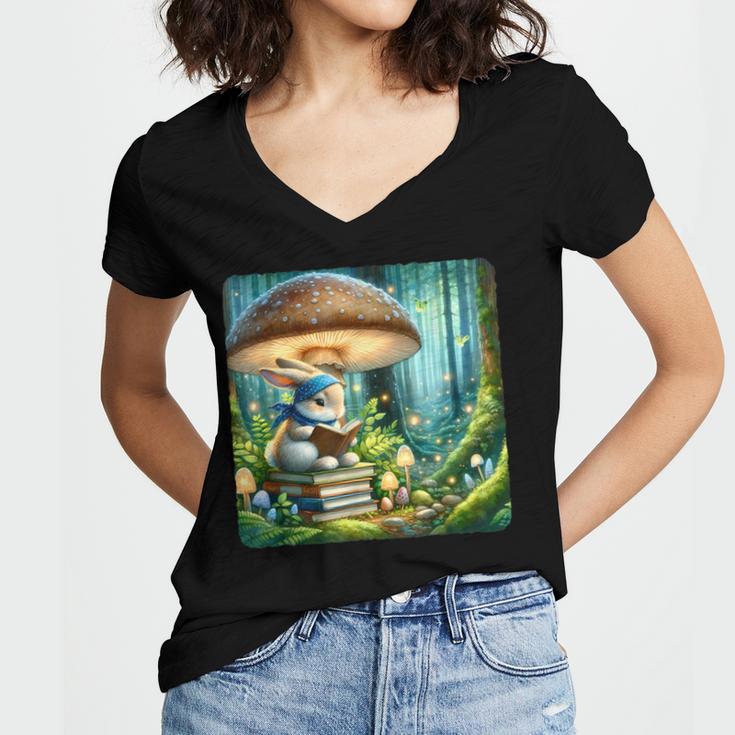 Rabbit Reading Book Under Large Mushroom Easter Bandana Women's Jersey Short Sleeve Deep V-Neck Tshirt Rabbit Reading Book Under Large Mushroom Easter Bandana Women's Jersey Short Sleeve Deep V-Neck Tshirt