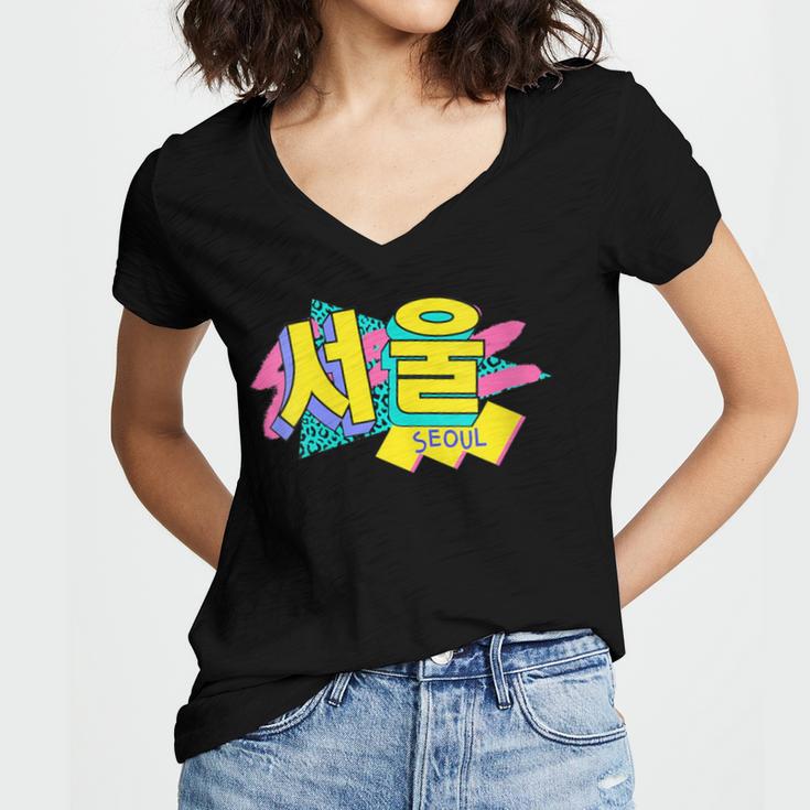 Rad Retro Seoul 90s Style Vintage South Korea 90s Nostalgia Women's Jersey Short Sleeve Deep V-Neck Tshirt