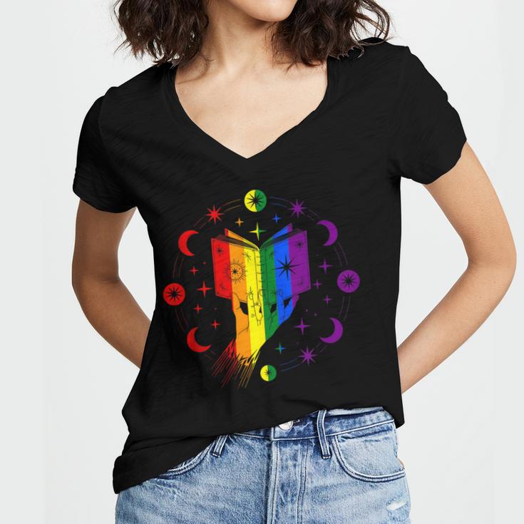 Rainbow Book With Stars And Moon Phases Gay Pride LGBT Women's Jersey Short Sleeve Deep V-Neck Tshirt