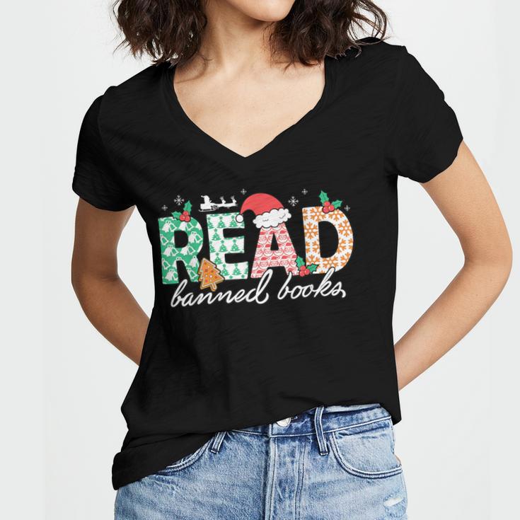 Read Banned Books Christmas Holiday Women's Jersey Short Sleeve Deep V-Neck Tshirt