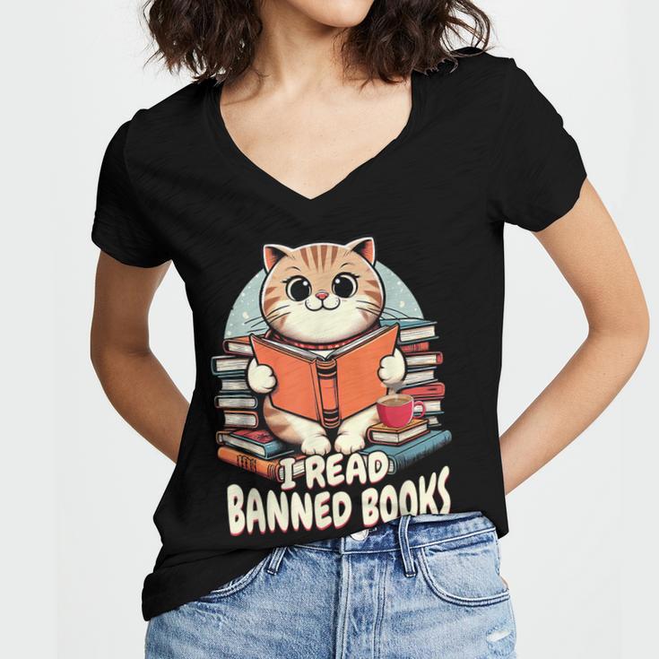 I Read Banned Books Shirt Cat Lover Bookworm Reader Men Women Kids Women's Jersey Short Sleeve Deep V-Neck Tshirt