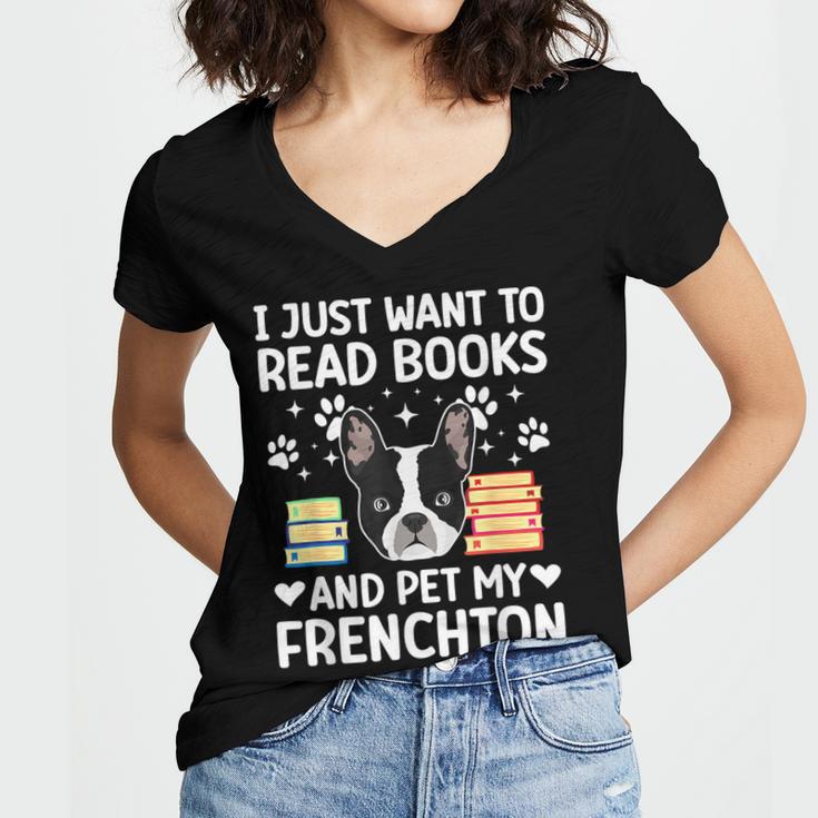 Read Books & Pet My Frenchton Owner Frenchton Lover Women's Jersey Short Sleeve Deep V-Neck Tshirt