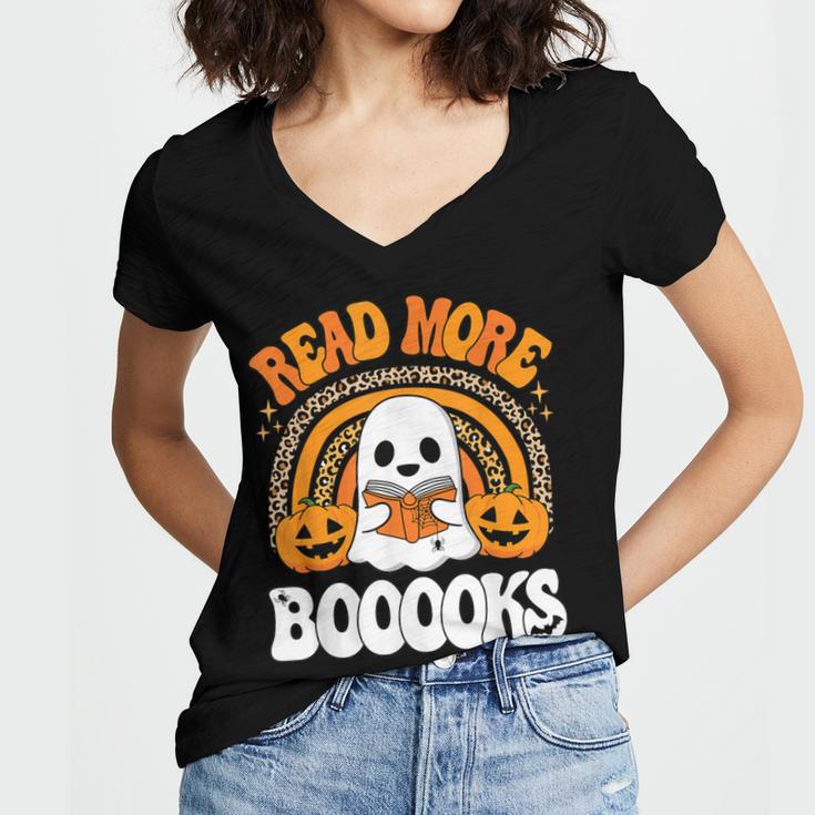 Read More Books Booooks Ghost Pumpkin Cute Teacher Halloween Women's Jersey Short Sleeve Deep V-Neck Tshirt