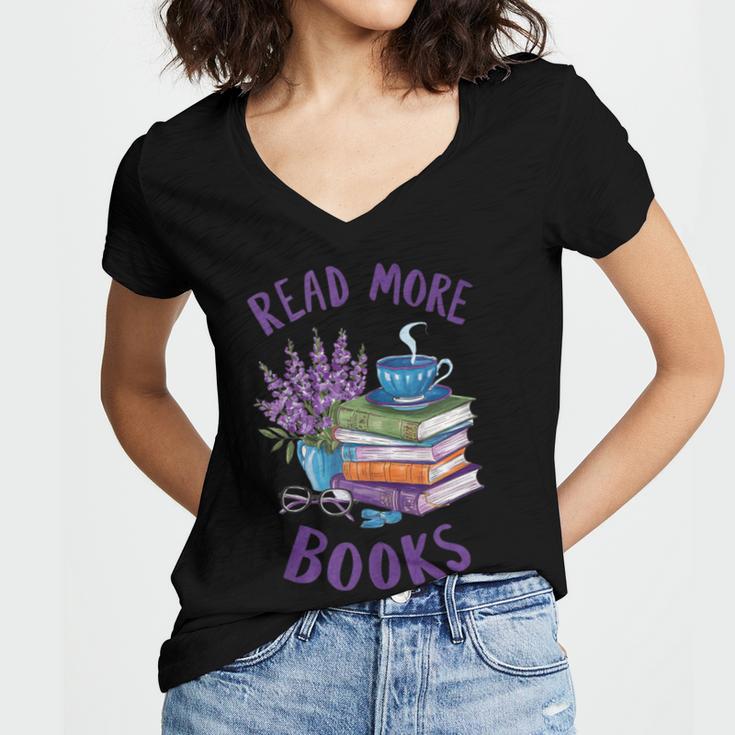 Read More Books Floral Book Reader Art Reading Lover Quote Women's Jersey Short Sleeve Deep V-Neck Tshirt
