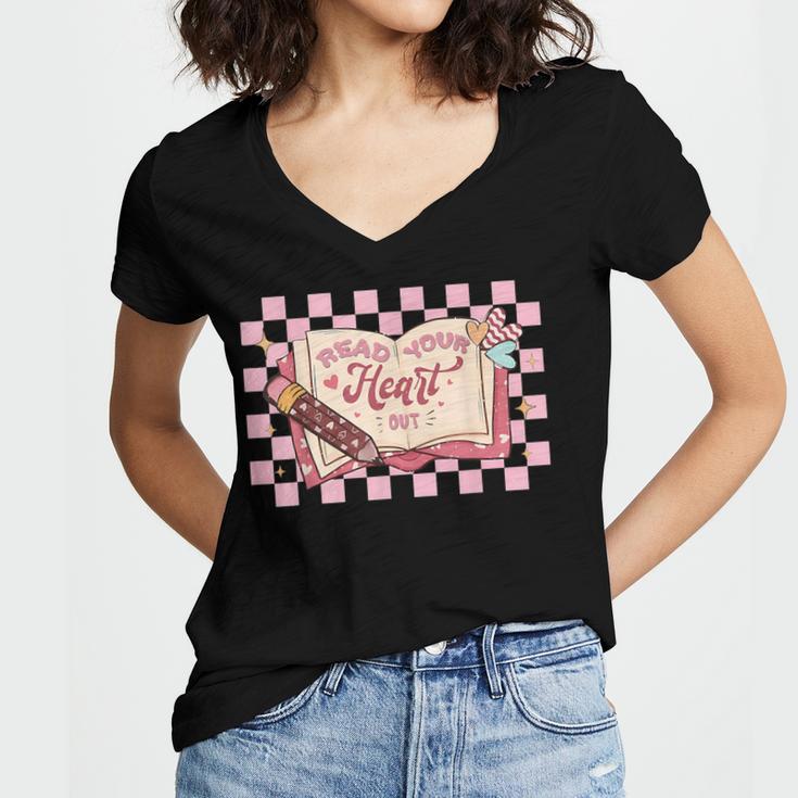 Read Your Heart Out Valentine Reading Book Teacher Student Women's Jersey Short Sleeve Deep V-Neck Tshirt