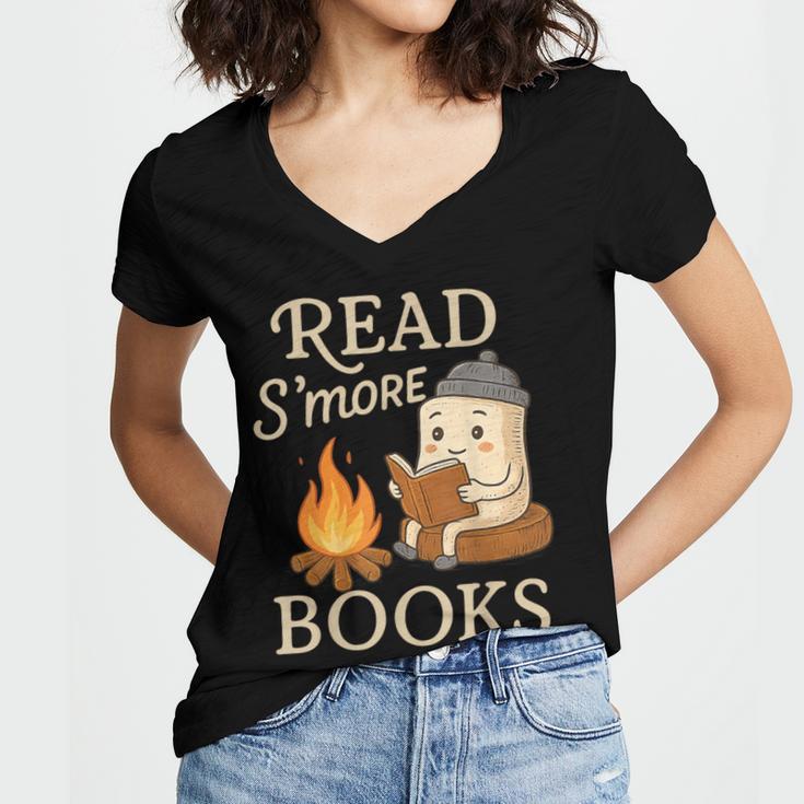 Read S'More Books Campfire Reading Book Lovers Camper Women's Jersey Short Sleeve Deep V-Neck Tshirt