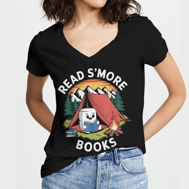 Read S'More Books Reading Camping Smores Kawaii S'Mores Women's Jersey Short Sleeve Deep V-Neck Tshirt
