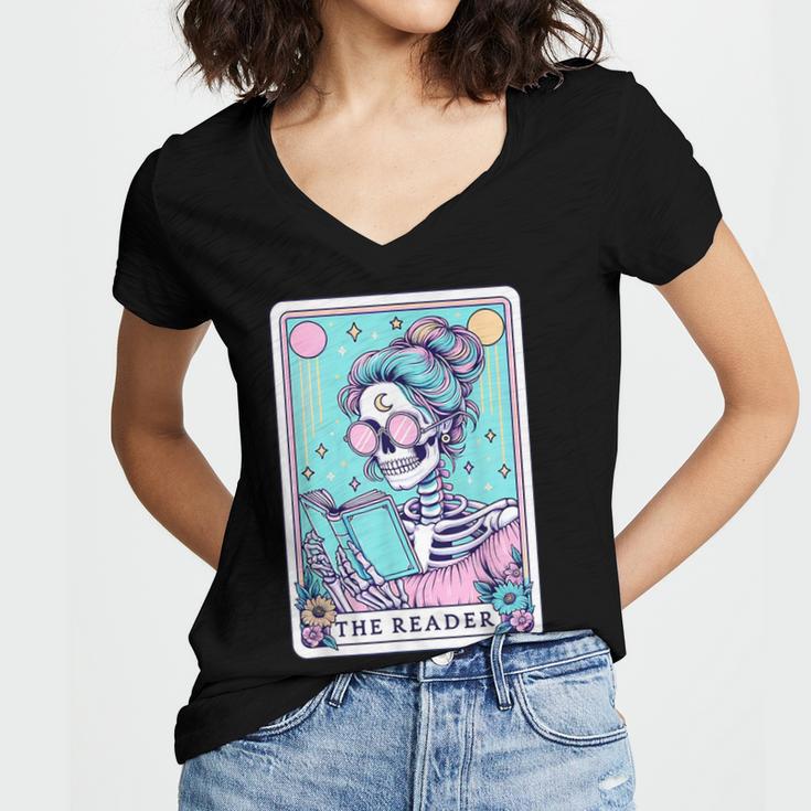 The Reader Retro Reading Skeleton Books Flowers Tarot Card Women's Jersey Short Sleeve Deep V-Neck Tshirt