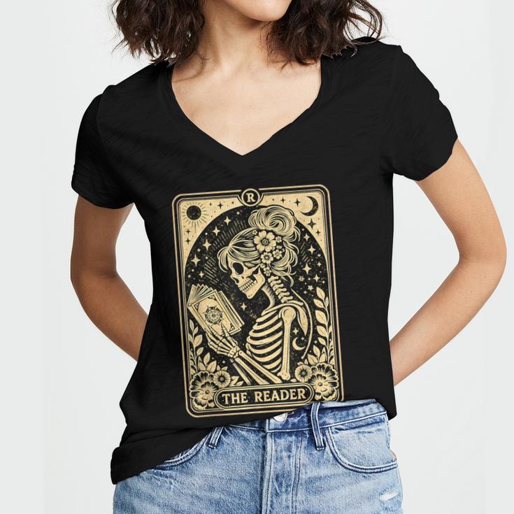 The Reader Tarot Card Book Lover Skeleton Reading Book Women's Jersey Short Sleeve Deep V-Neck Tshirt