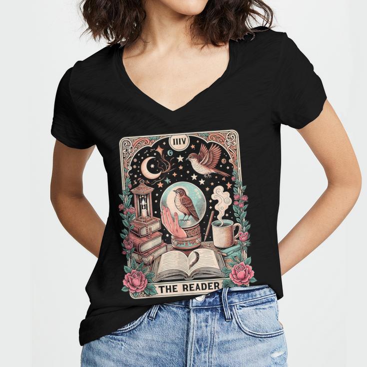 The Reader Tarot Card Shirt Bird Book Lover Bookworm Women's Jersey Short Sleeve Deep V-Neck Tshirt
