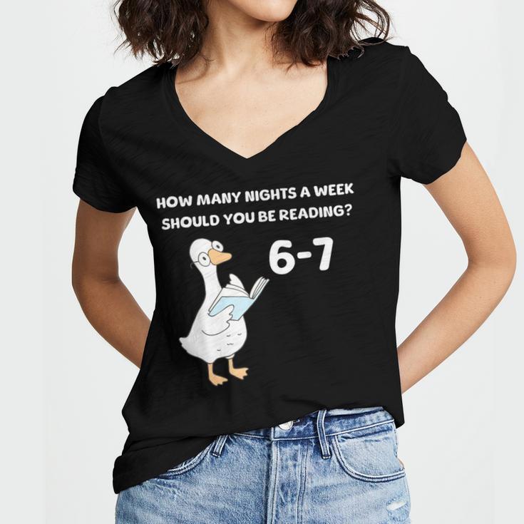 Reading 6-7 Silly Goose Read Books Bookish Bookworm Women's Jersey Short Sleeve Deep V-Neck Tshirt
