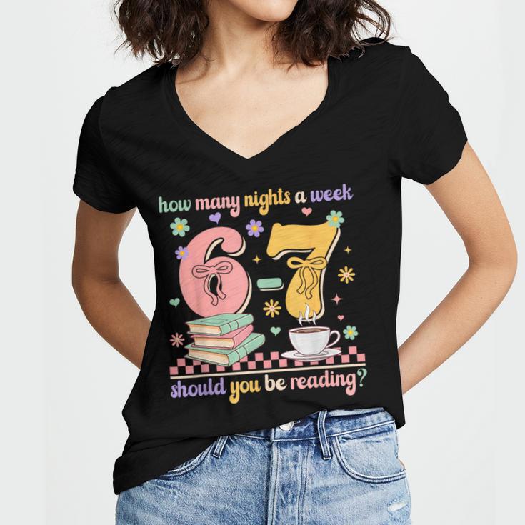 Reading 67 Teacher Six Seven Reading 6 7 Book Lover Women's Jersey Short Sleeve Deep V-Neck Tshirt