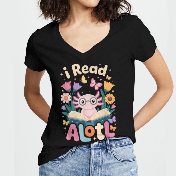 Reading Axolotl Book Lover Wildflowers Women's Jersey Short Sleeve Deep V-Neck Tshirt Reading Axolotl Book Lover Wildflowers Women's Jersey Short Sleeve Deep V-Neck Tshirt