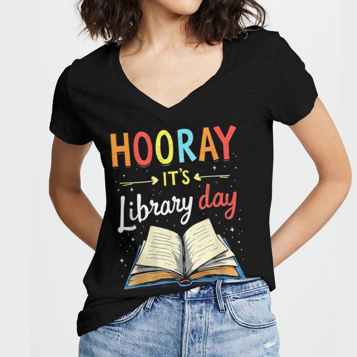 Reading Books Bibliophile Hooray It's Library Day Women's Jersey Short Sleeve Deep V-Neck Tshirt