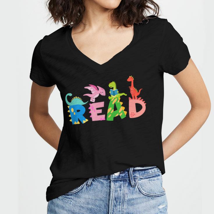 Reading DinosaurRex Dino Book Lover Women's Jersey Short Sleeve Deep V-Neck Tshirt