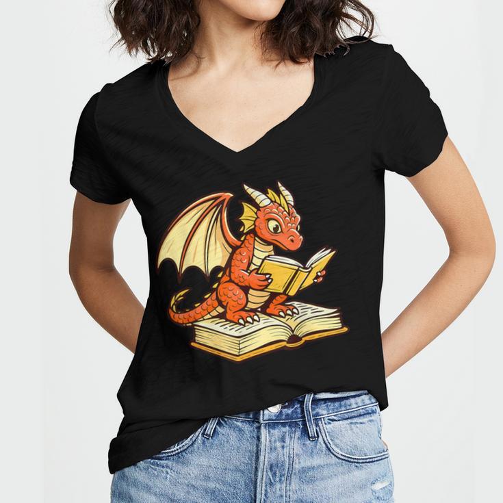 Reading Dragon Book Lover Bookworm Reader Women's Jersey Short Sleeve Deep V-Neck Tshirt