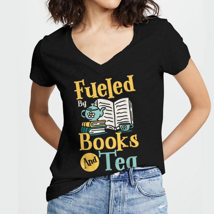 Reading Hobby Bookshelves Library Fueled By Books And Tea Women's Jersey Short Sleeve Deep V-Neck Tshirt