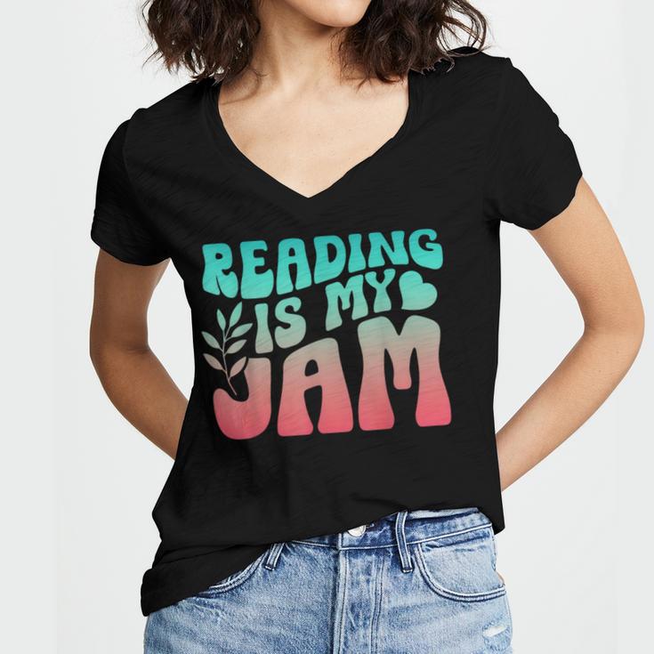 Reading Is My Jam Book Lover Bookworm Teacher Library Reader Women's Jersey Short Sleeve Deep V-Neck Tshirt