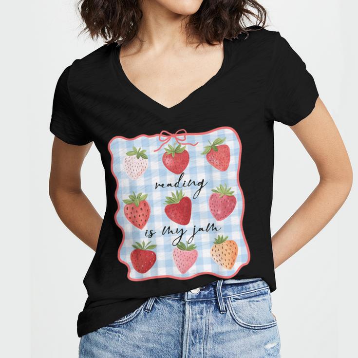 Reading Is My Jam Preppy Stawberry Bookworm Book Lover Nerd Women's Jersey Short Sleeve Deep V-Neck Tshirt