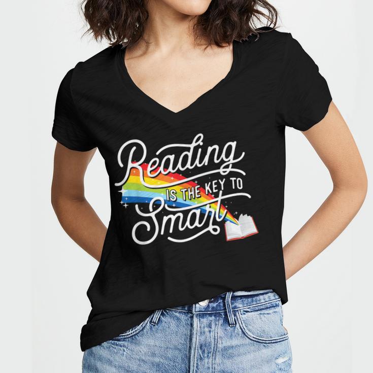 Reading Is The Key To Smart Book Lover Bookworm Reader Women's Jersey Short Sleeve Deep V-Neck Tshirt