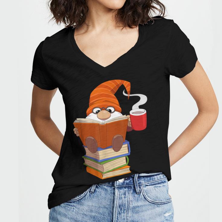 Reading Lover Book Graphic Gnome Women's Jersey Short Sleeve Deep V-Neck Tshirt