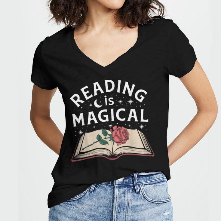 Reading Is Magical Book Lover Bookworm Librarian Library Day Women's Jersey Short Sleeve Deep V-Neck Tshirt