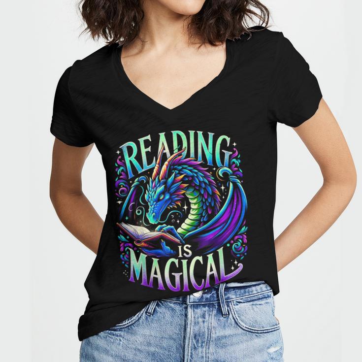 Reading Is Magical Dragon Tee Perfect For Book Lovers Kids Women's Jersey Short Sleeve Deep V-Neck Tshirt