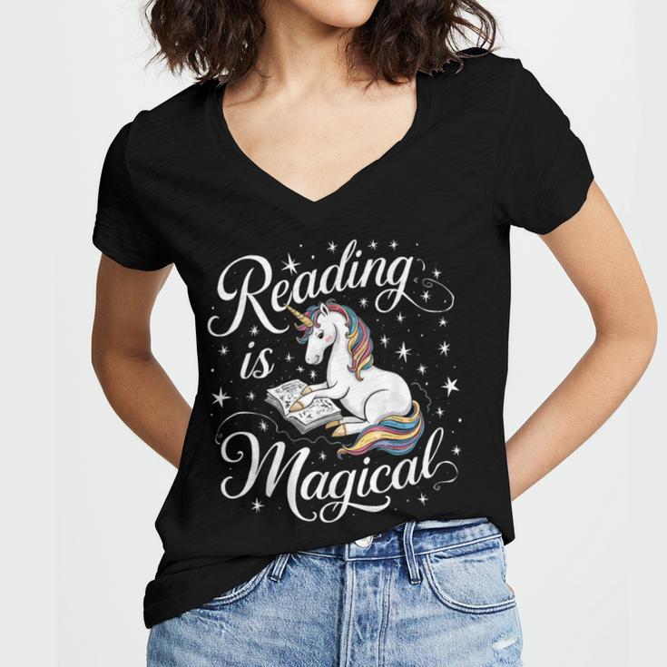 Reading Is Magical Unicorn Book Lover Fantasy Kids Women's Jersey Short Sleeve Deep V-Neck Tshirt Reading Is Magical Unicorn Book Lover Fantasy Kids Women's Jersey Short Sleeve Deep V-Neck Tshirt
