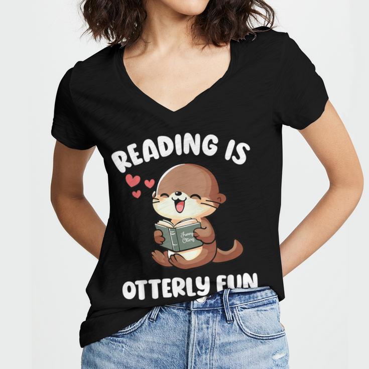 Reading Is Otterly Fun Otter Bookworm Book Lover Librarian Women's Jersey Short Sleeve Deep V-Neck Tshirt